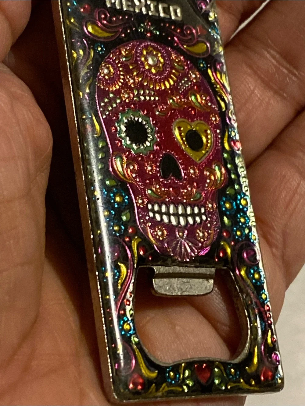Mexico Sugar Skull Bottle Opener Keychain - Pink & Gold